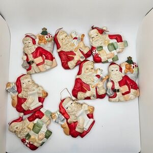 Vintage 1990s Santa Claus Resin Flat Ornaments Lot of 8 • Handcrafted